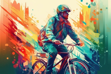 Cyclist riding bicycle in city on colorful background. Sport conceptの素材