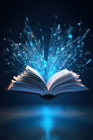 Opened book with flying pages and blue lights, 3d renderingの素材