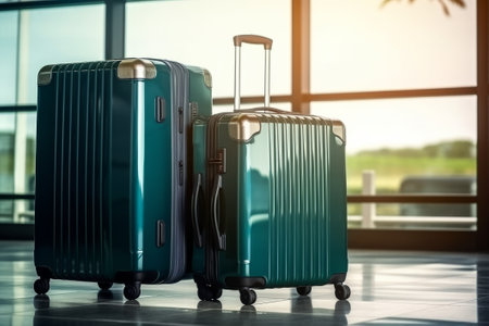 Two travel suitcases in airport terminal. Travel and vacation concept.の素材
