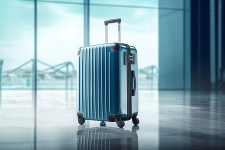 Blue suitcase in airport terminal. Travel concept. 3D Renderingの素材