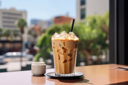 Iced coffee in a glass on table in coffee shopの素材