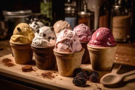 Ice cream scoops in a waffle cup on a wooden tableの素材