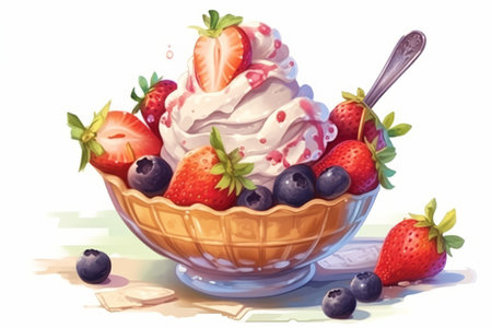 Ice cream with fresh berries in a glass bowl. Digital illustration.の素材