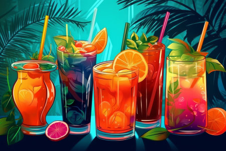 Set of summer cocktails on the background of tropical leaves. Digital illustrationの素材