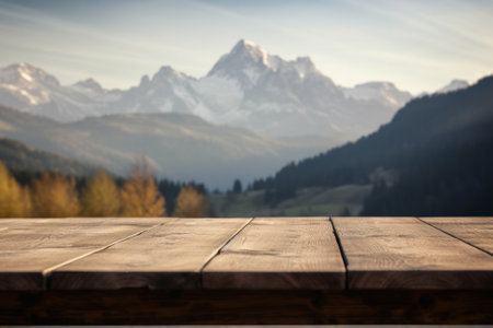 Empty wooden table for product display montages with mountains in background.の素材