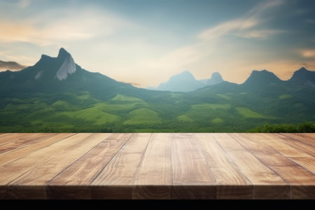 Empty wooden table for product display montages with mountain landscape background.の素材