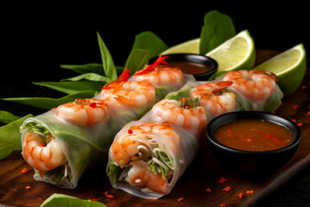 Fresh spring rolls with shrimps and vegetables on a black backgroundの素材