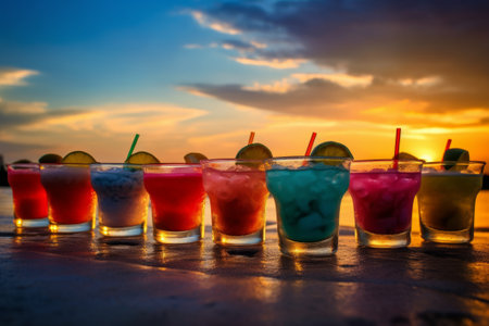 Colorful cocktails on the beach at twilight time. Selective focus.の素材