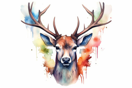 Watercolor portrait of a deer with antlers on a white backgroundの素材
