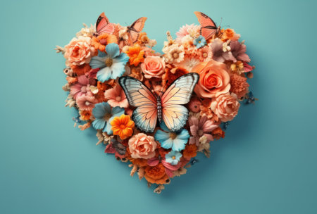 Heart made of flowers and butterfly on blue background, Valentines Day conceptの素材