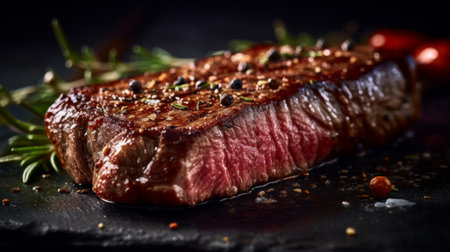 Grilled beef steak with rosemary and spices on a black backgroundの素材