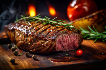 Grilled beef steak with rosemary and spices on a wooden boardの素材