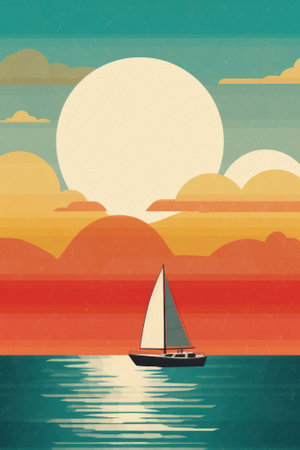 Sailing boat on the sea at sunset. Vintage Digital illustration.の素材