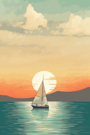 Sailing boat in the sea at sunset. Digital Illustration.の素材