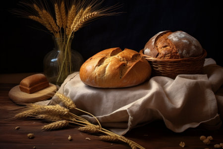 Bread and wheat on a wooden background. Selective focus.の素材