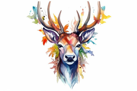 Watercolor illustration of a deer with colorful splashes on a white backgroundの素材