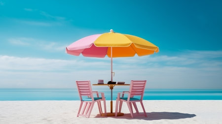 Table with chairs and umbrella on the beach. 3d illustration.の素材