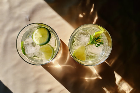 Two glasses of cold lemonade with lime and rosemary on tableの素材