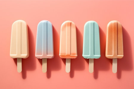 Ice cream popsicles on pink background. Minimal style. Top view.の素材