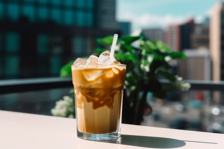 Iced coffee on the table with city view background, stock photoの素材