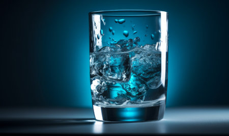 Glass of water with ice cubes on blue background. 3d illustrationの素材