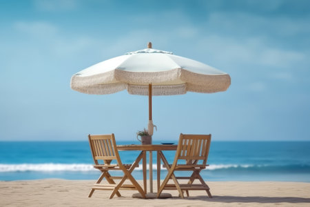 Table and chairs on the beach with blue sky and sea background.の素材