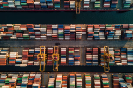 Container Cargo freight ship with working crane bridge for Logistic Import Export backgroundの素材