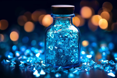 Glass bottle with blue crystals on bokeh background, close upの素材