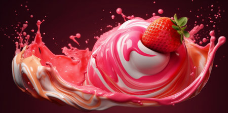 Strawberry yogurt splashing on a red background. 3d renderingの素材