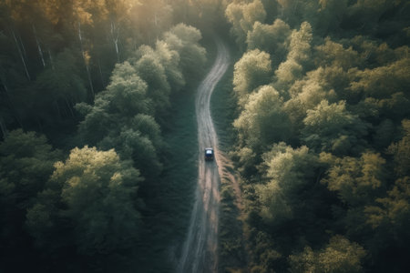 Aerial view of car driving on forest road in foggy morningの素材