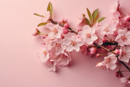 Cherry blossom branch on pink background with copy space for textの素材