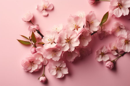 Beautiful blossoming sakura branches on color background, top viewの素材