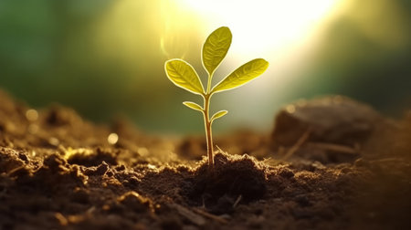 Plant seedling growing from seed in morning light. Concept of new lifeの素材