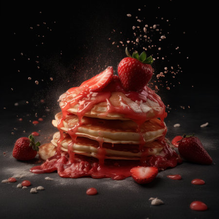 Pancakes with fresh strawberries and syrup on black backgroundの素材