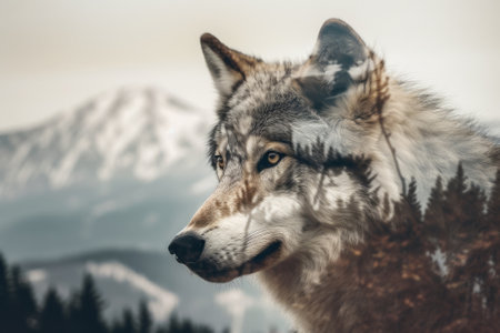 Close-up portrait of a wolf against the background of the mountains. Double exposure image.の素材