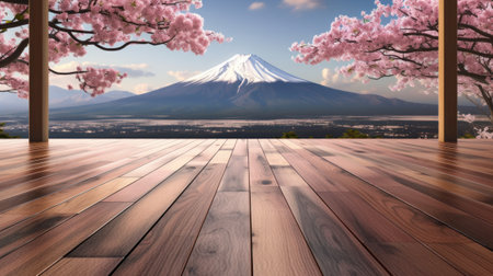 Wooden floor and Mt.Fuji with cherry blossom backgroundの素材