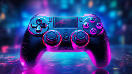 Modern video game controller in neon light. 3D rendering toned imageの素材