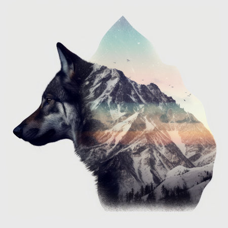 Illustration of wolf with mountains in the background. Digital painting. Double exposure image.の素材