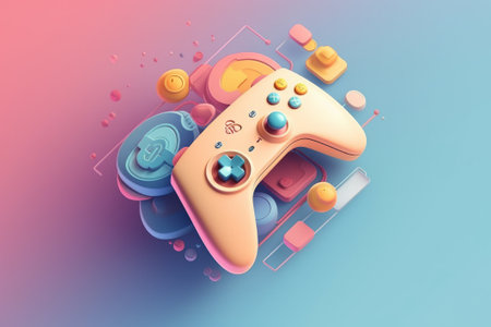 Gamepad on colorful background. 3d illustration. Retro style.Isometric art style.の素材