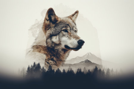 Wolf in the mountains. Collage of a wolf in nature. Double exposure image.の素材