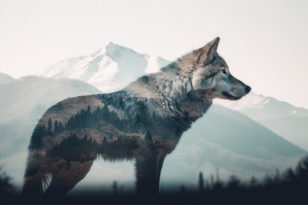 3d rendering of a wolf in front of a mountain landscape. Double exposure image.の素材