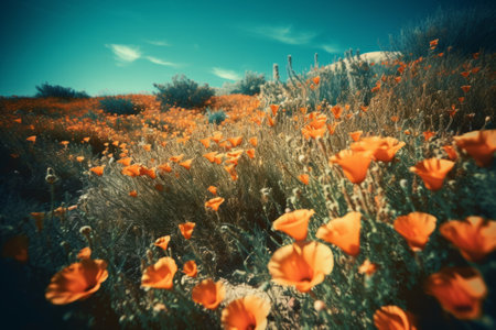 Poppy flowers in the field on blue sky background. Vintage tonedの素材