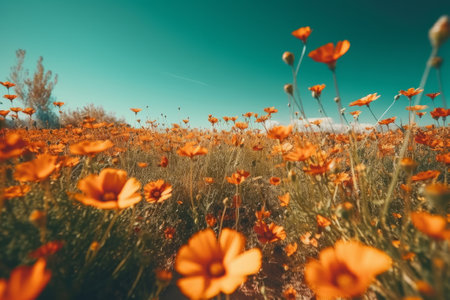 Beautiful poppies field on blue sky background. Toned.の素材