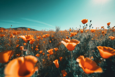 Poppy flowers in the field on blue sky background. Vintage tonedの素材