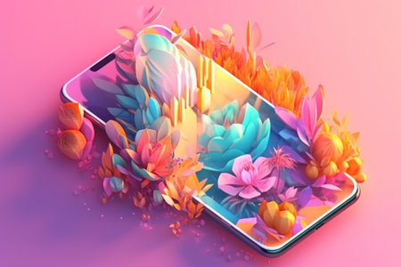 3d rendering of a mobile phone with colorful flowers on the screenの素材