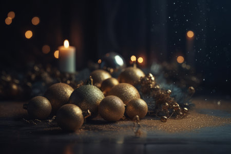 Christmas still life with golden baubles and candles on dark backgroundの素材