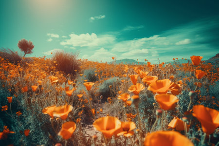 Beautiful California Poppy Field in Springtime. Vintage Retro Filter.の素材