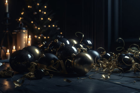 Christmas or New Year composition. Black and gold christmas baubles with golden ribbons on a dark background.の素材