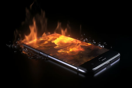 Burning smartphone on black background. Burned mobile phone concept.の素材