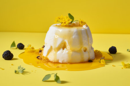 Creamy dessert with sauce on yellow backgroundの素材